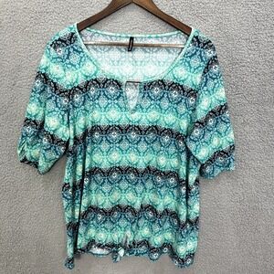 Bleeker & McDougal Women 2X Blue Geometric Medallion Top Tie Waist Boho Festival
